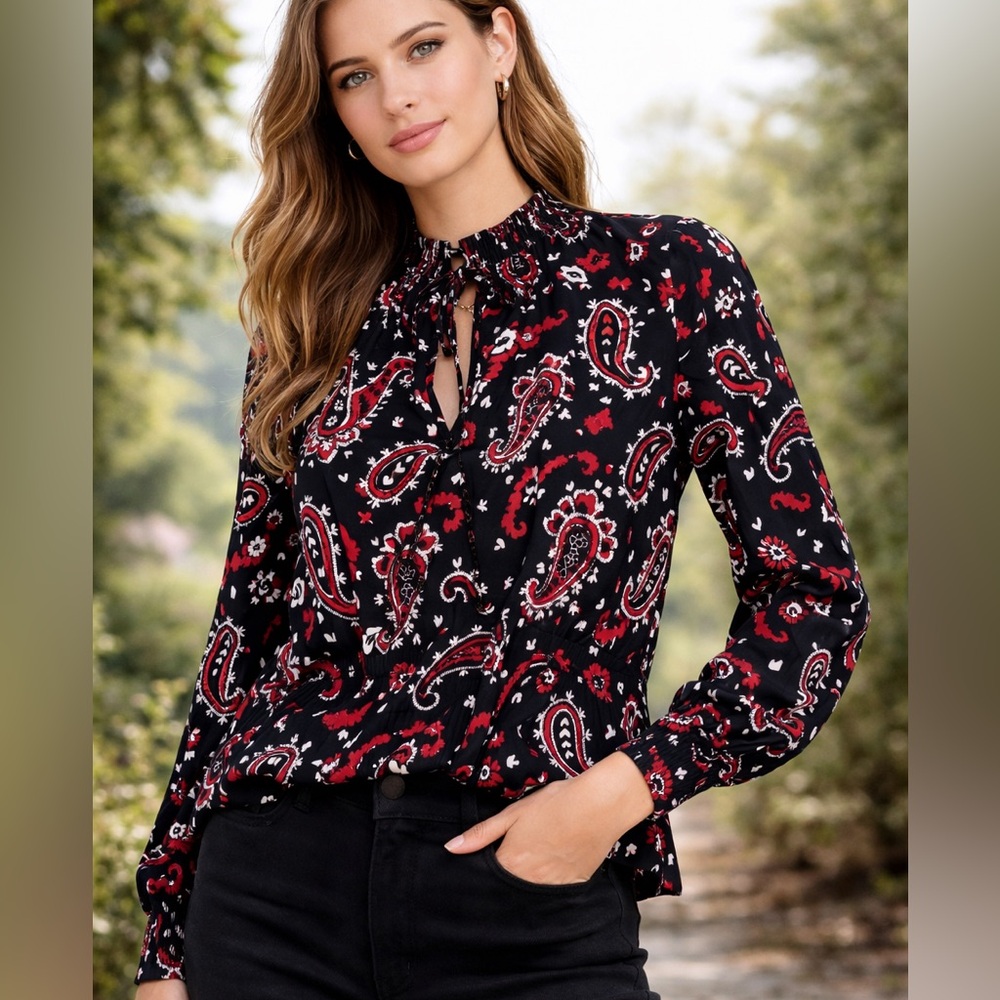 The Kooples Paisley Print Tie Neck Blouse Black Red Long Sleeve Size 1 small NWT